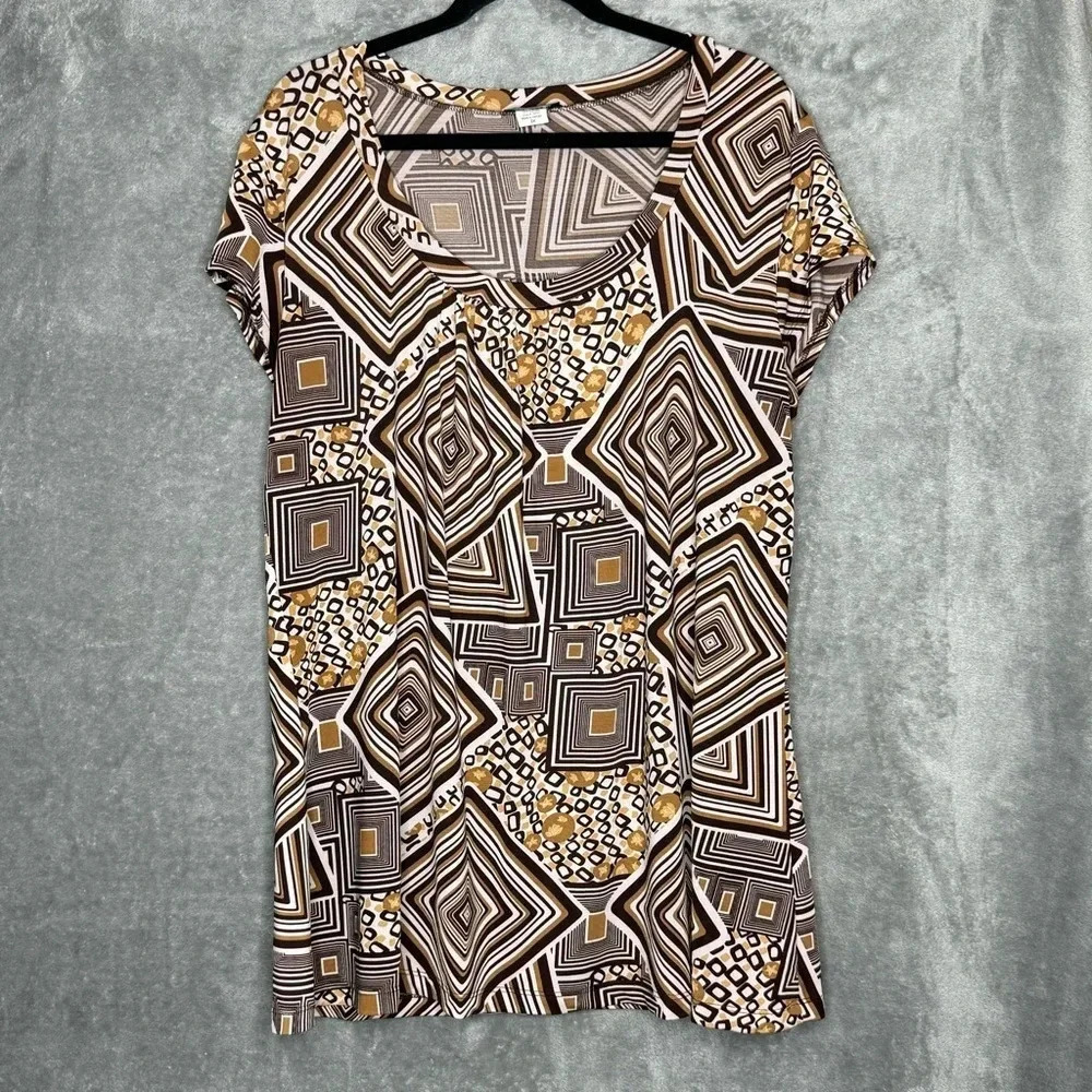 Lia Lee 2X Shirt Top Brown Geometric Cap Short‎ Sleeve Scoop Neck Stretch Womens